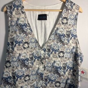 Cat Print Sleeveless Vest - Blue and White NWT